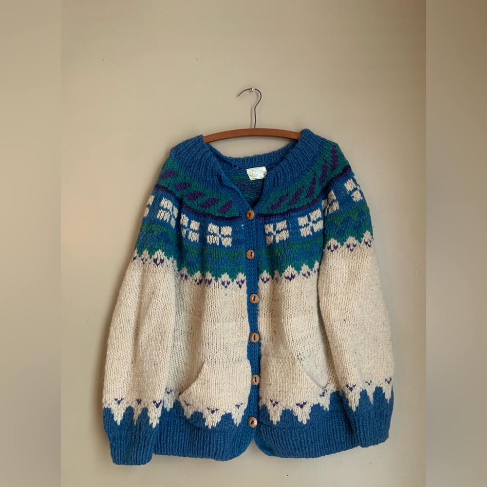 Blue and Cream Women's Cardigan Sweater